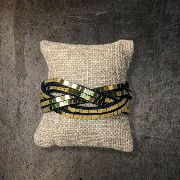 A12 Gold Disco Ball Wrap Bracelet Black Suede Metallic Crystal Rhinestone - Picture 10 of 12